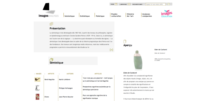 Capture d’écran : page de la rubrique Sémiotique du site ImageAnalyse, disponible sur http://imagesanalyses.univ-paris1.fr/v3/semiotique.html (consulté en ligne 20 mars 2013)