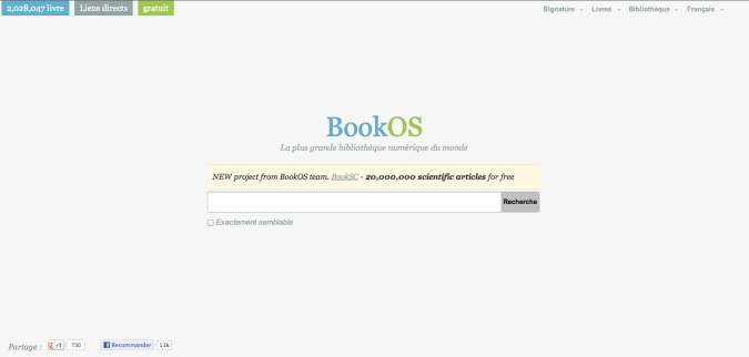 Capture d’écran : page principale du site BookOS, disponible sur http://fr.bookos.org (consulté en ligne 13 avril 2013)