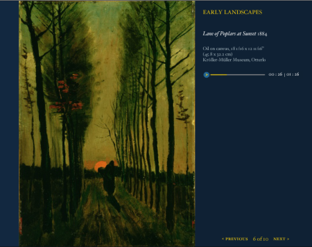 Capture d'écran: page descriptive du tableau Lane of Poplars at Sunset, 1884, huile sur toile, 45.8 x 32.2 cm, Kröller-Müller Museum, Otterlo, disponible sur http://www.moma.org/interactives/exhibitions/2008/vangoghnight/flashsite/
